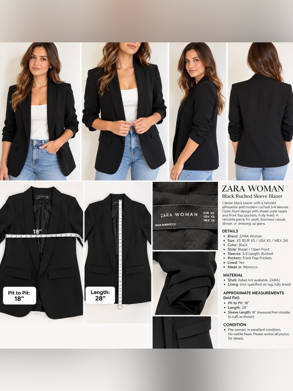 ZARA Woman Black Blazer XS Ruched 3/4 Sleeve Open Front Jacket